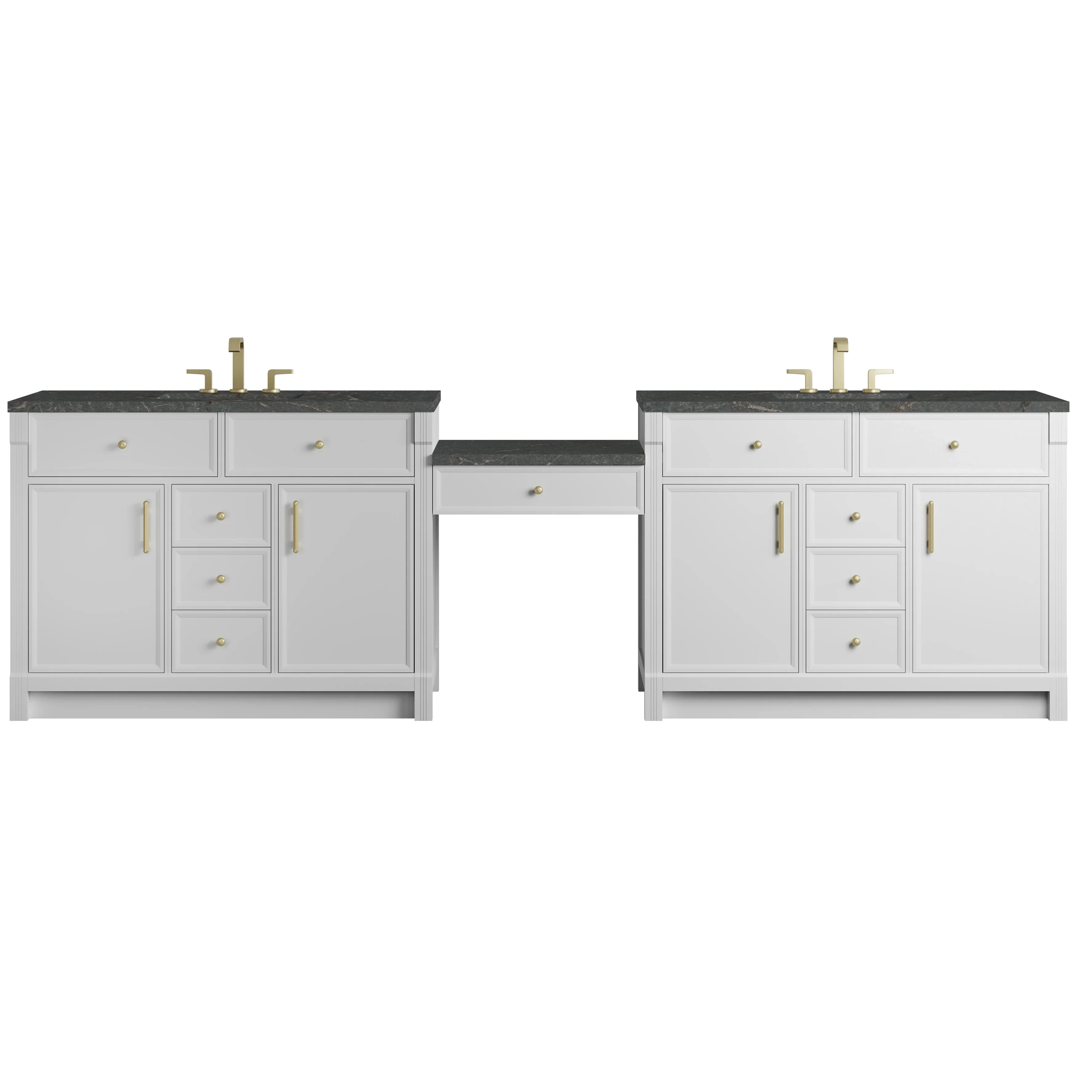 Bellshire 120" Dual Vanity Set with 24" Make-Up Counter, Bright White w/3 cm Parisien Bleu Silestone Top w/FreePower Wireless Charger