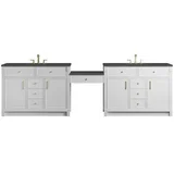 Bellshire 120" Dual Vanity Set with 24" Make-Up Counter, Bright White w/3 cm Parisien Bleu Silestone Top w/FreePower Wireless Charger