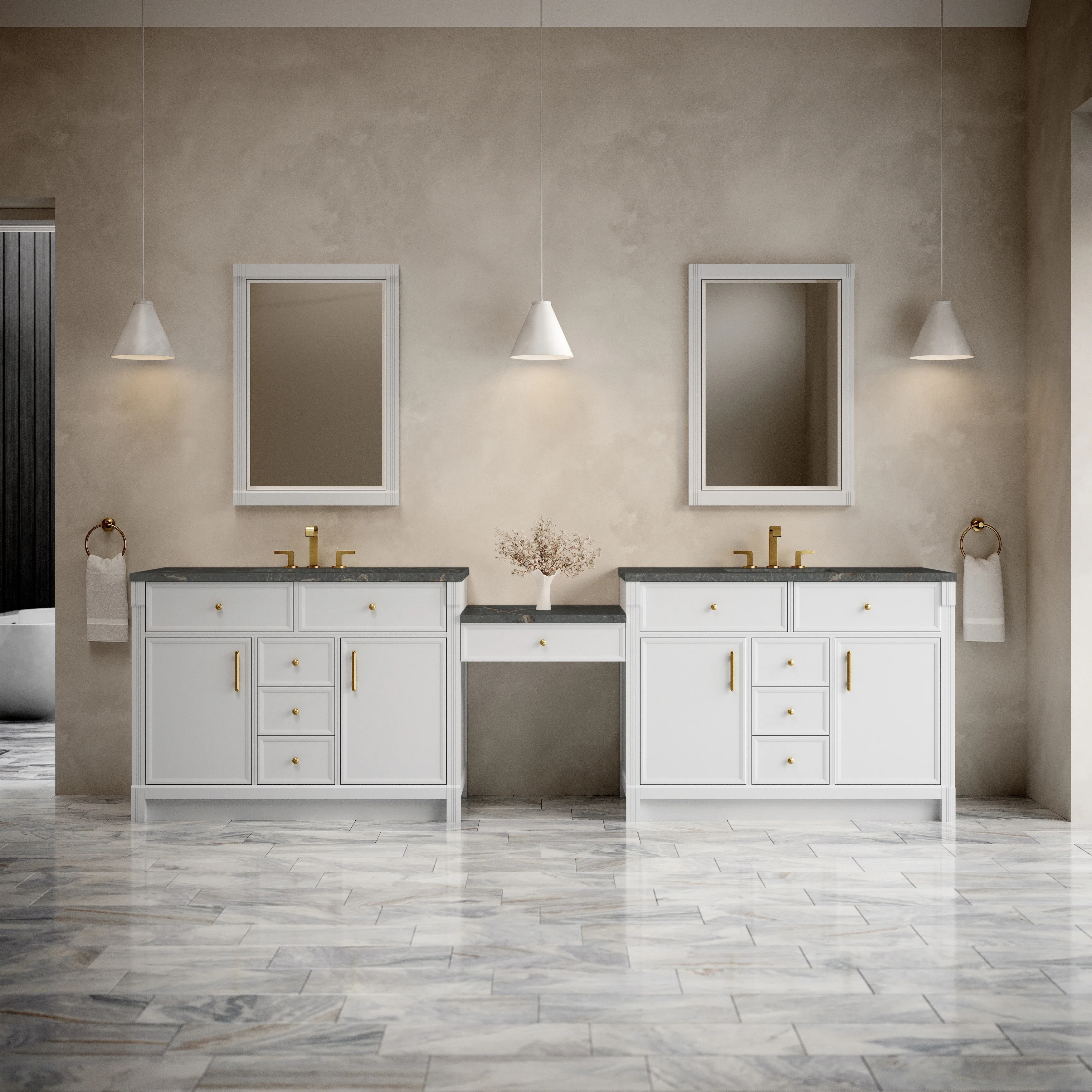 Bellshire 120" Dual Vanity Set with 24" Make-Up Counter, Bright White w/3 cm Parisien Bleu Silestone Top w/FreePower Wireless Charger
