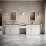 Bellshire 120" Dual Vanity Set with 24" Make-Up Counter, Bright White w/3 cm Parisien Bleu Silestone Top w/FreePower Wireless Charger
