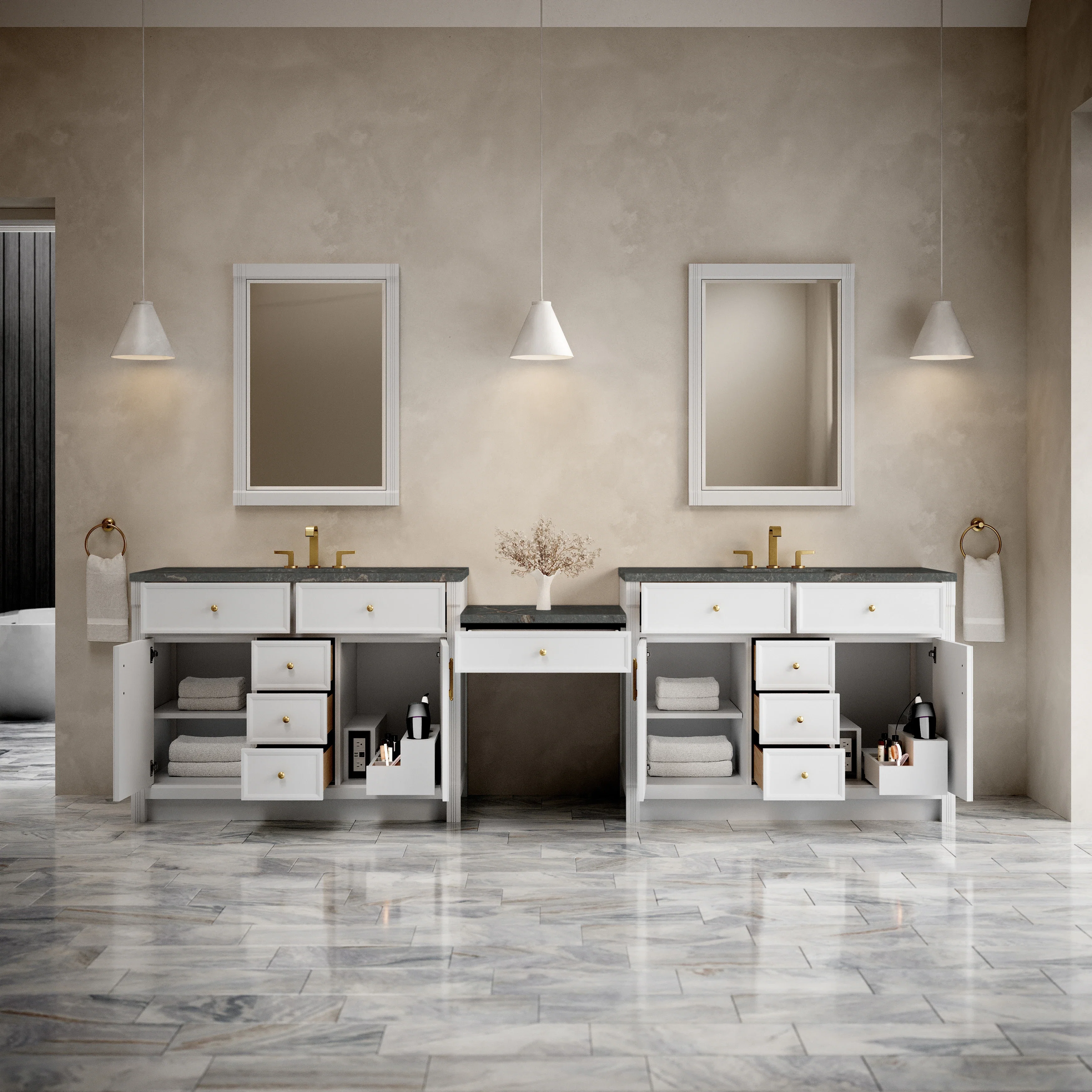 Bellshire 120" Dual Vanity Set with 24" Make-Up Counter, Bright White w/3 cm Parisien Bleu Silestone Top w/FreePower Wireless Charger
