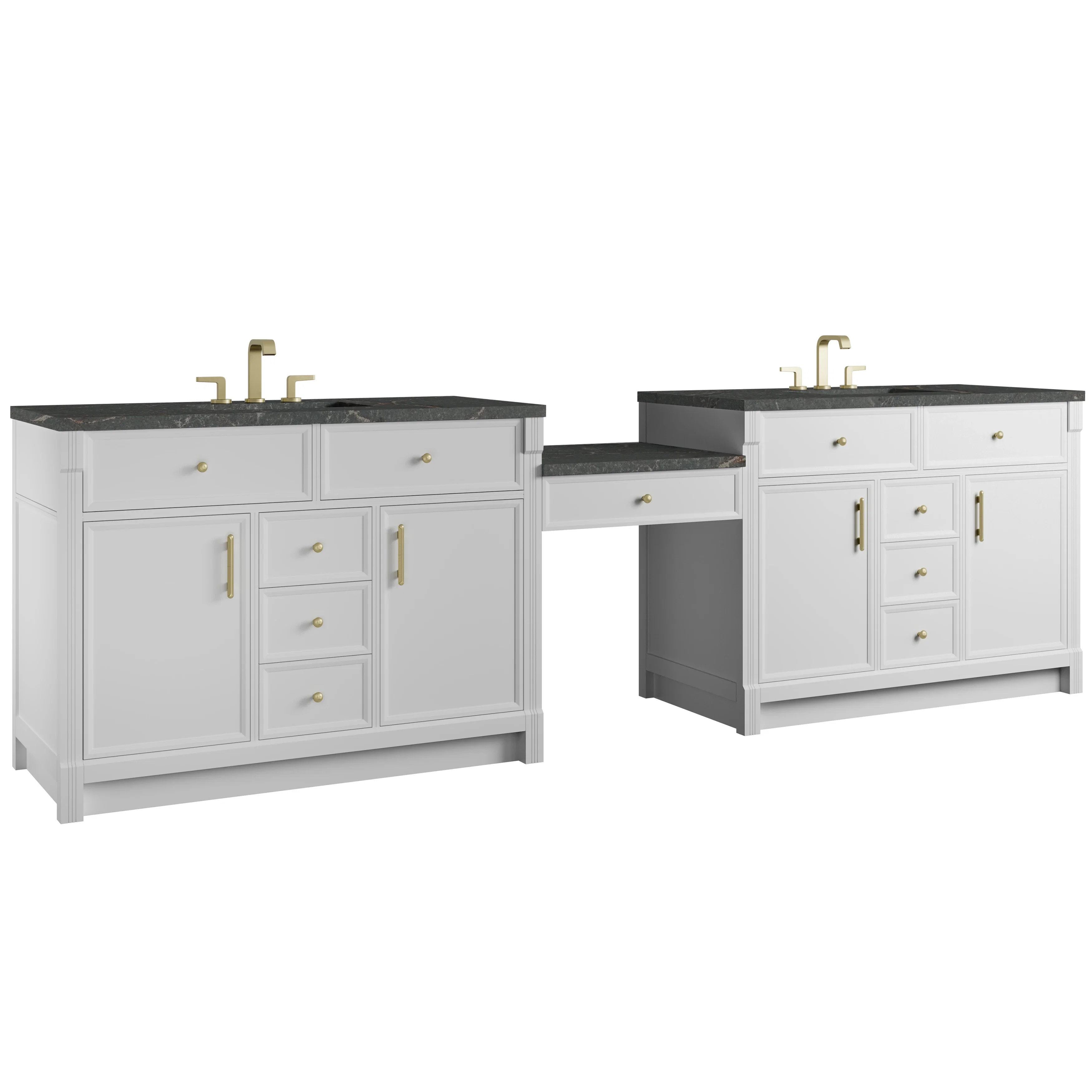 Bellshire 120" Dual Vanity Set with 24" Make-Up Counter, Bright White w/3 cm Parisien Bleu Silestone Top w/FreePower Wireless Charger