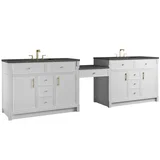 Bellshire 120" Dual Vanity Set with 24" Make-Up Counter, Bright White w/3 cm Parisien Bleu Silestone Top w/FreePower Wireless Charger