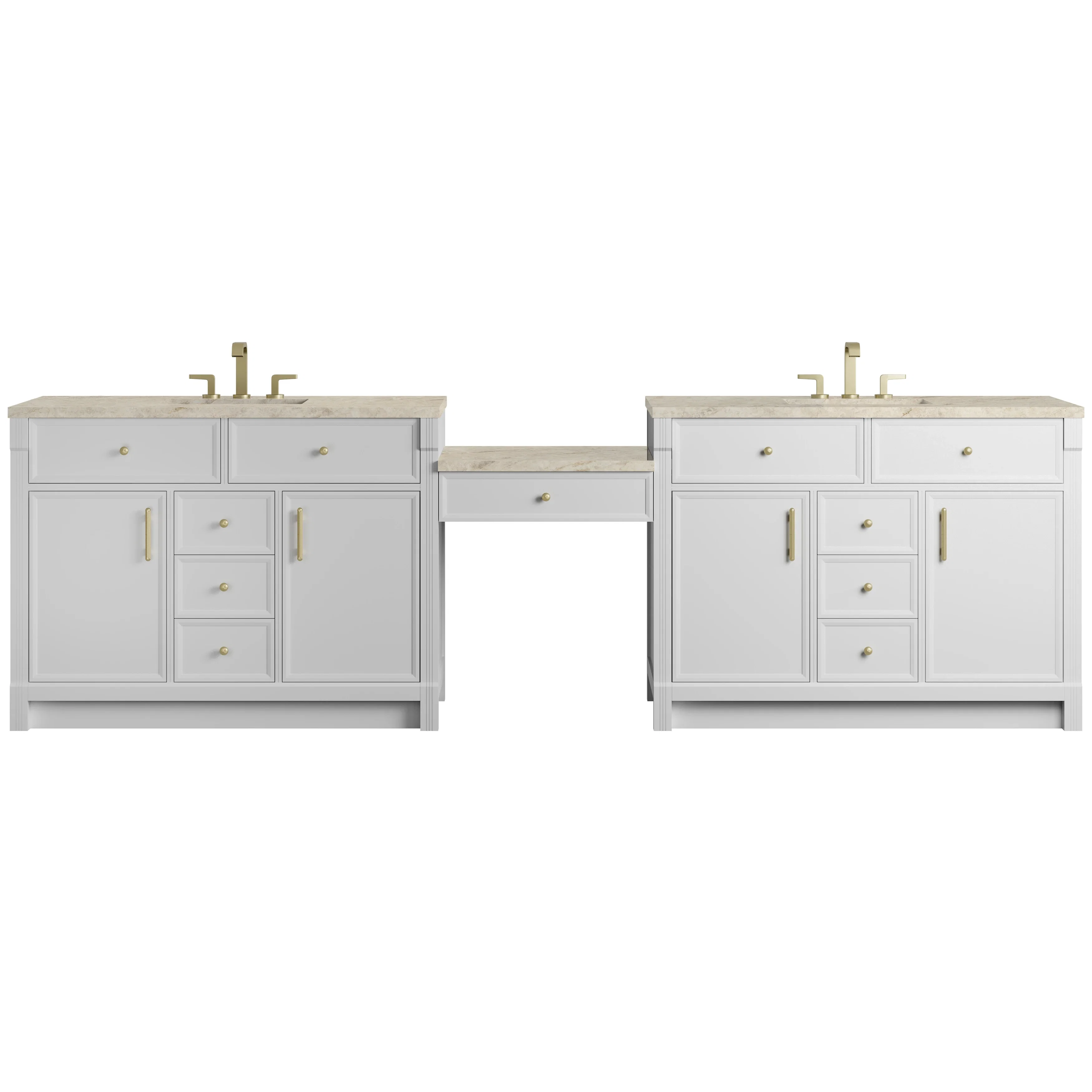 Bellshire 120" Dual Vanity Set with 24" Make-Up Counter, Bright White w/3 cm Tajnar Eclos Top w/FreePower Wireless Charger