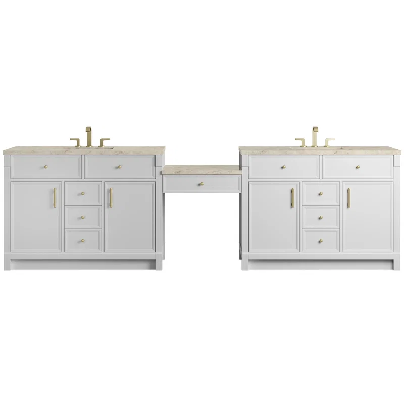 Bellshire 120" Dual Vanity Set with 24" Make-Up Counter, Bright White w/3 cm Tajnar Eclos Top w/FreePower Wireless Charger