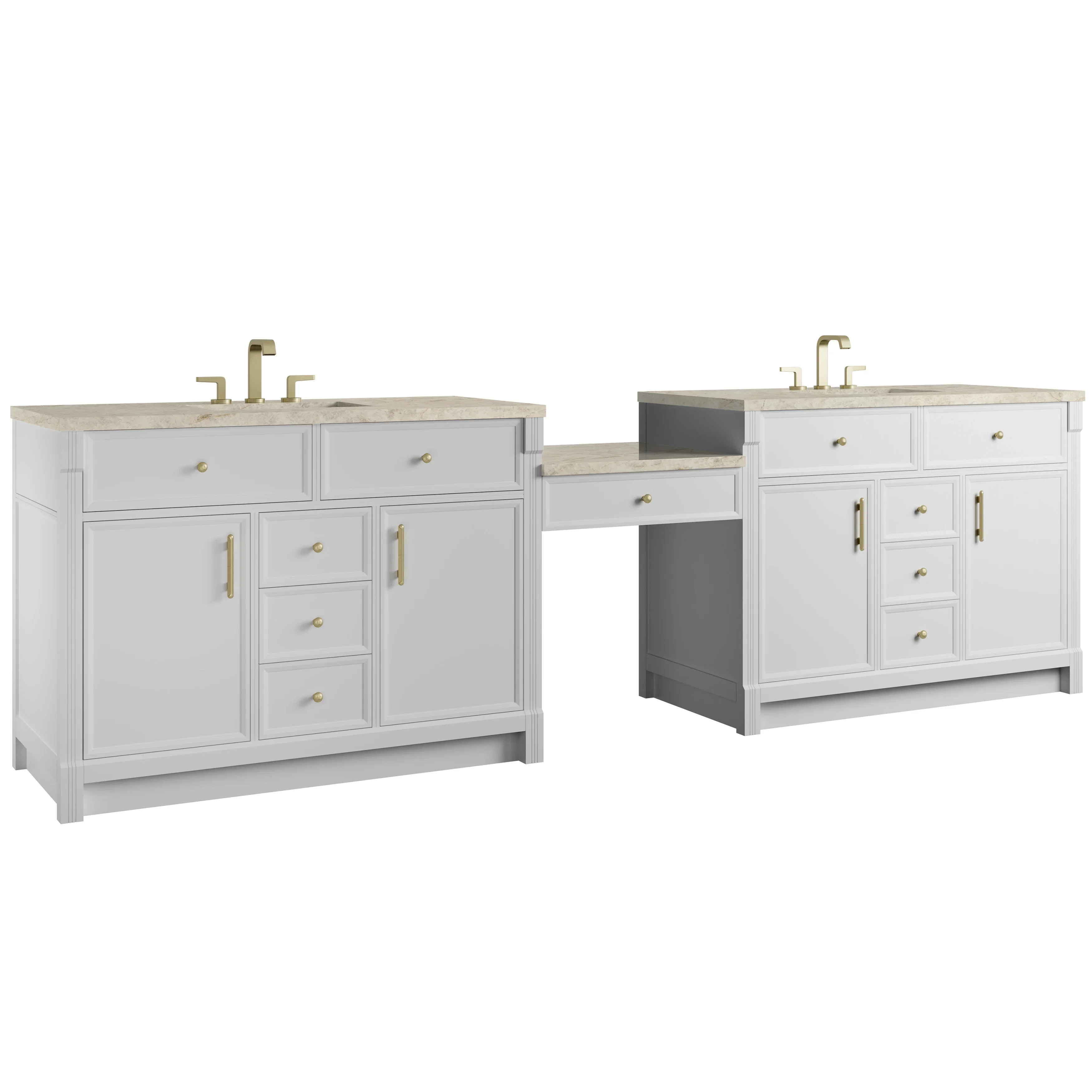 Bellshire 120" Dual Vanity Set with 24" Make-Up Counter, Bright White w/3 cm Tajnar Eclos Top w/FreePower Wireless Charger