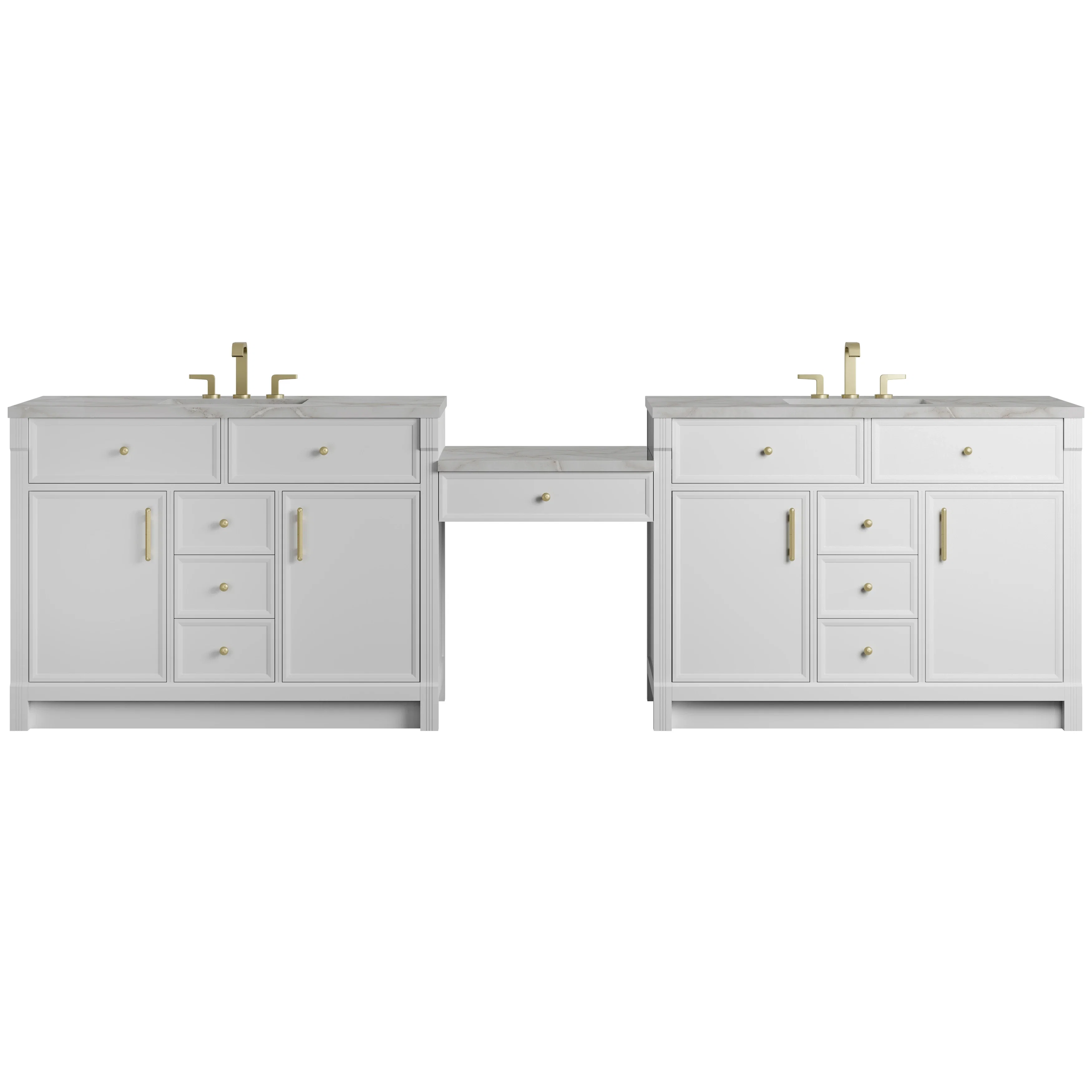 Bellshire 120" Dual Vanity Set with 24" Make-Up Counter, Bright White w/3 cm Victorian Silver Silestone Top w/FreePower Wireless Charger