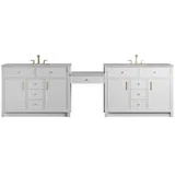 Bellshire 120" Dual Vanity Set with 24" Make-Up Counter, Bright White w/3 cm Victorian Silver Silestone Top w/FreePower Wireless Charger