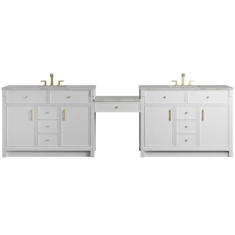 Bellshire 120" Dual Vanity Set with 24" Make-Up Counter, Bright White w/3 cm Victorian Silver Silestone Top w/FreePower Wireless Charger