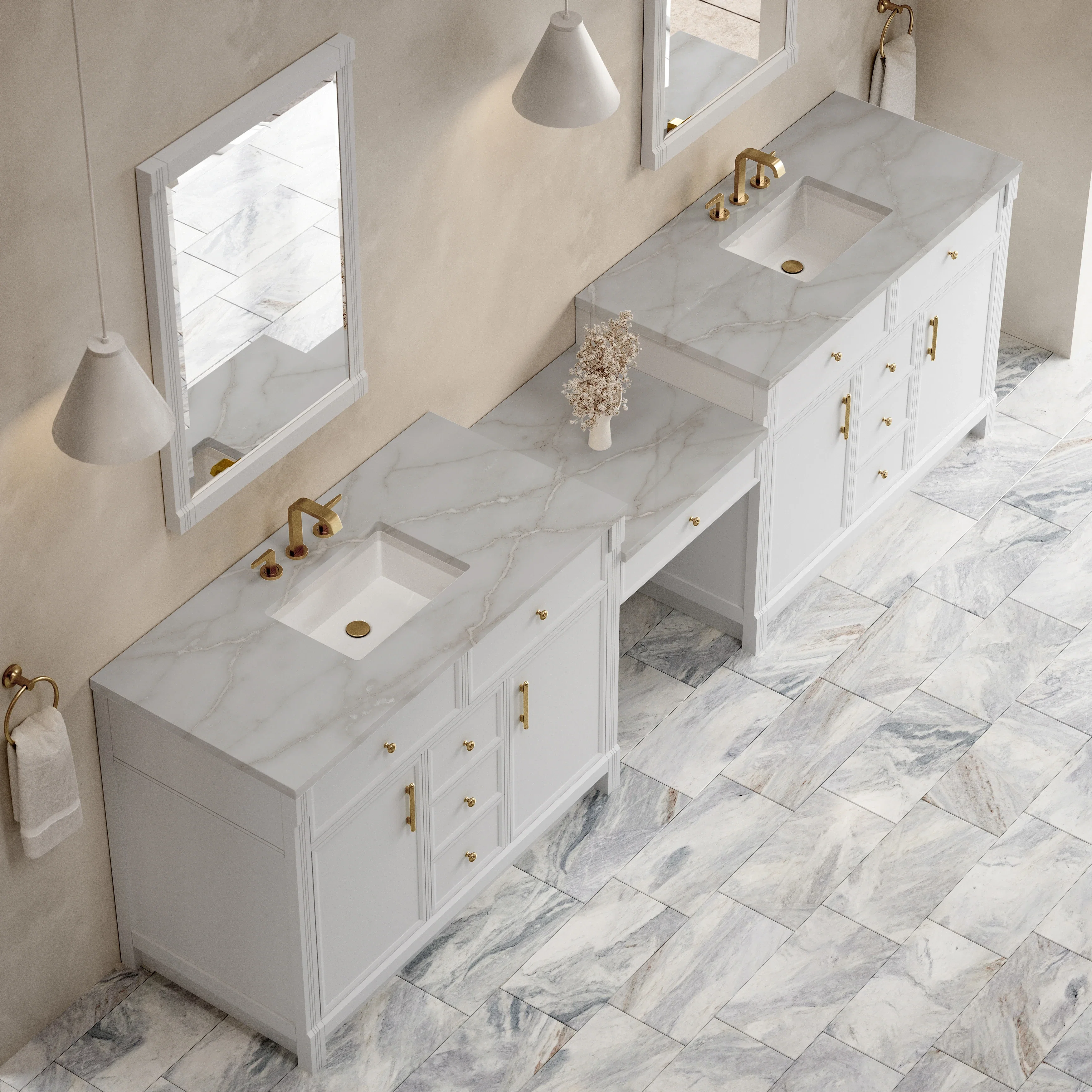 Bellshire 120" Dual Vanity Set with 24" Make-Up Counter, Bright White w/3 cm Victorian Silver Silestone Top w/FreePower Wireless Charger