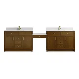Bellshire 120" Dual Vanity Set with 24" Make-Up Counter, Honey Oak w/Single Hole 3 cm White Zeus Silestone Top & Backsplash