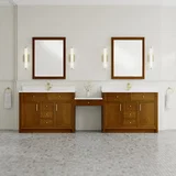 Bellshire 120" Dual Vanity Set with 24" Make-Up Counter, Honey Oak w/Single Hole 3 cm White Zeus Silestone Top & Backsplash