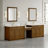 Bellshire 120" Dual Vanity Set with 24" Make-Up Counter, Honey Oak w/Single Hole 3 cm White Zeus Silestone Top & Backsplash