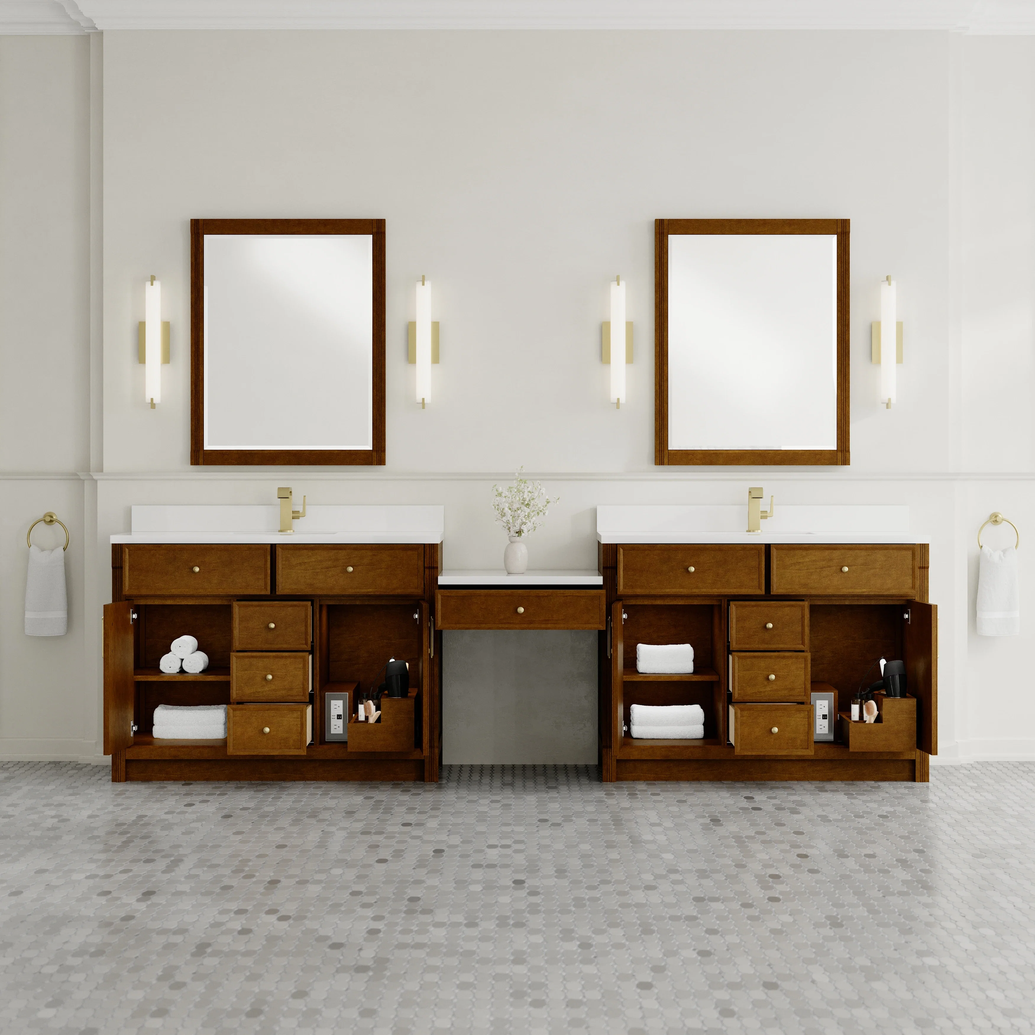 Bellshire 120" Dual Vanity Set with 24" Make-Up Counter, Honey Oak w/Single Hole 3 cm White Zeus Silestone Top & Backsplash