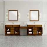 Bellshire 120" Dual Vanity Set with 24" Make-Up Counter, Honey Oak w/Single Hole 3 cm White Zeus Silestone Top & Backsplash