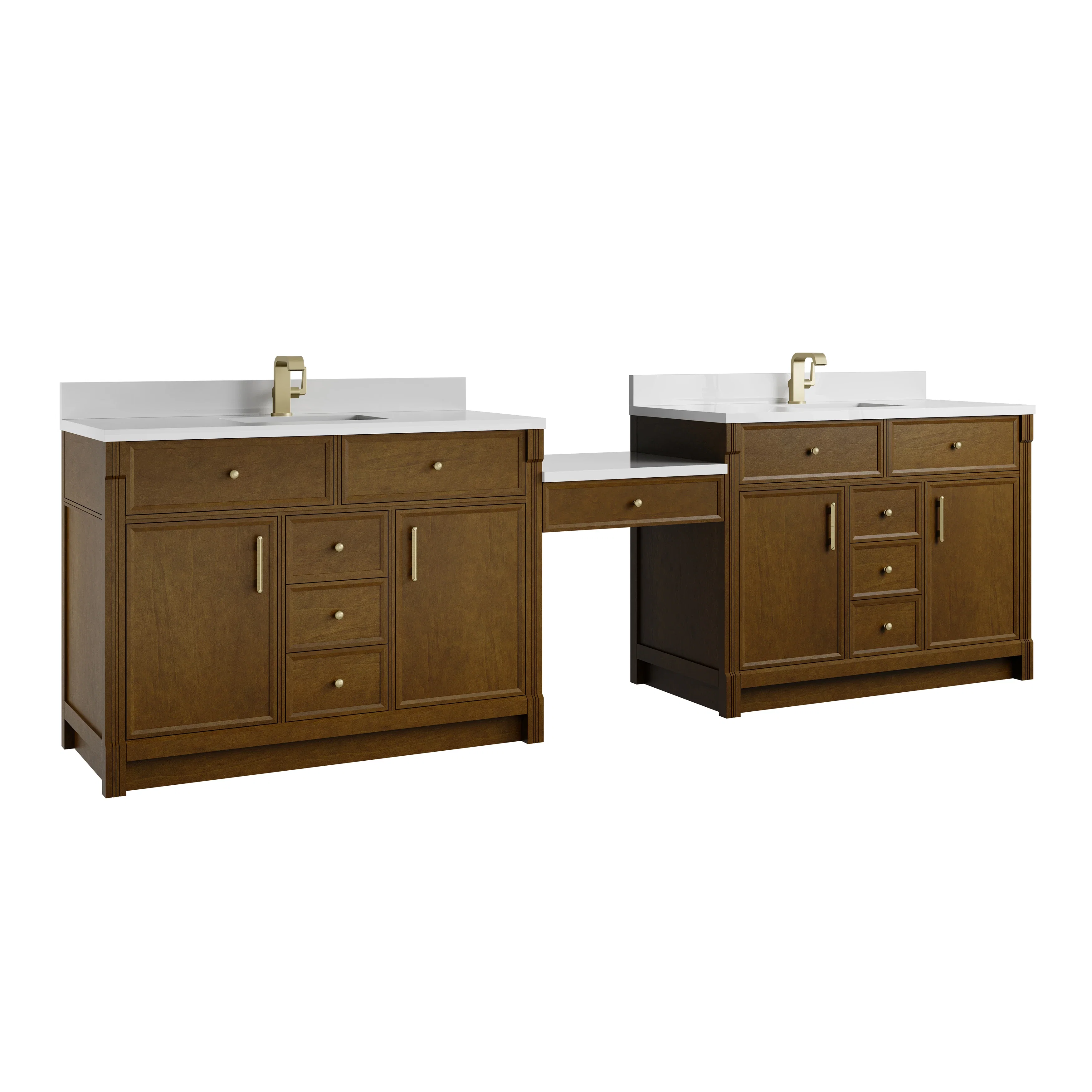 Bellshire 120" Dual Vanity Set with 24" Make-Up Counter, Honey Oak w/Single Hole 3 cm White Zeus Silestone Top & Backsplash