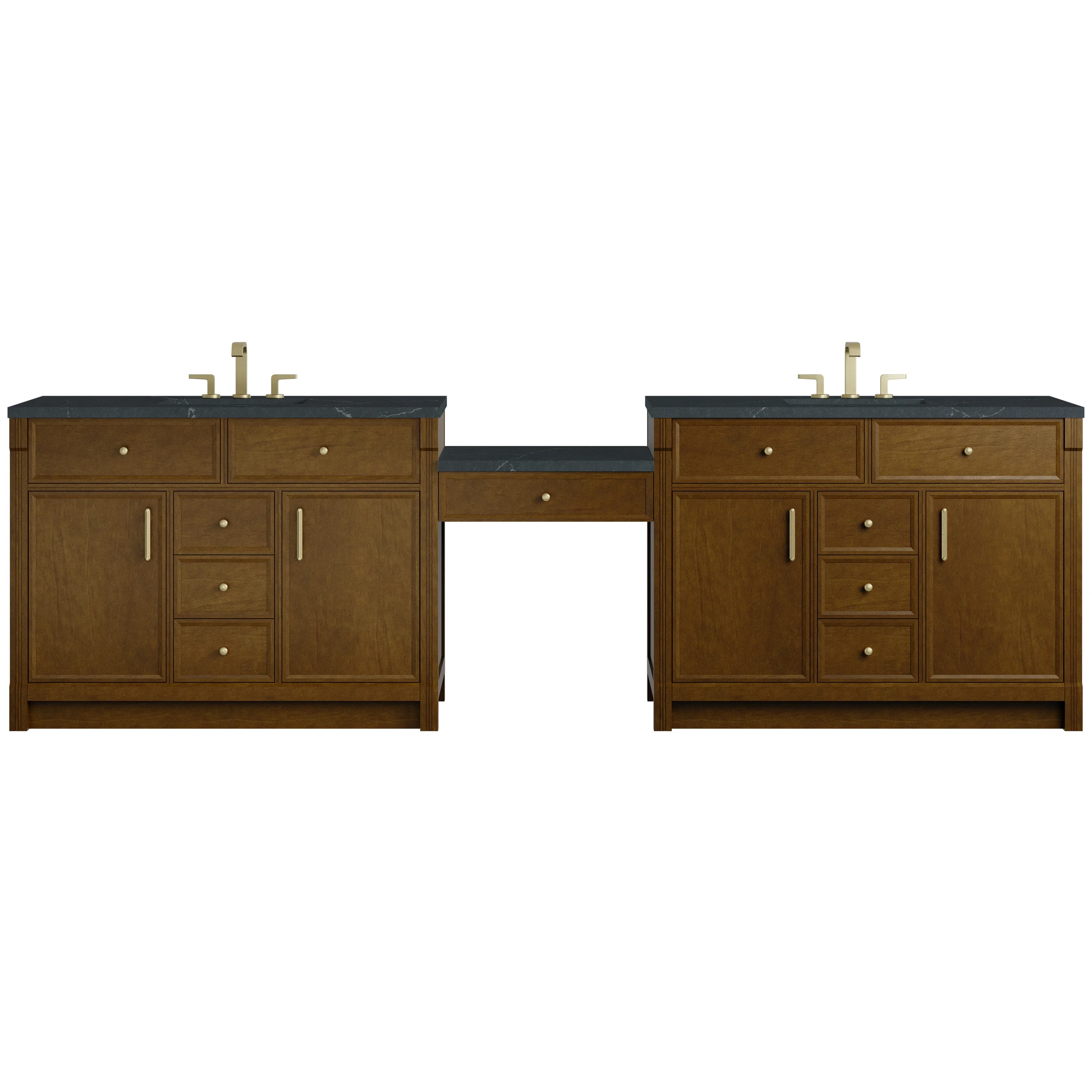 Bellshire 120" Dual Vanity Set with 24" Make-Up Counter, Honey Oak w/3 cm Charcoal Soapstone Silestone Top