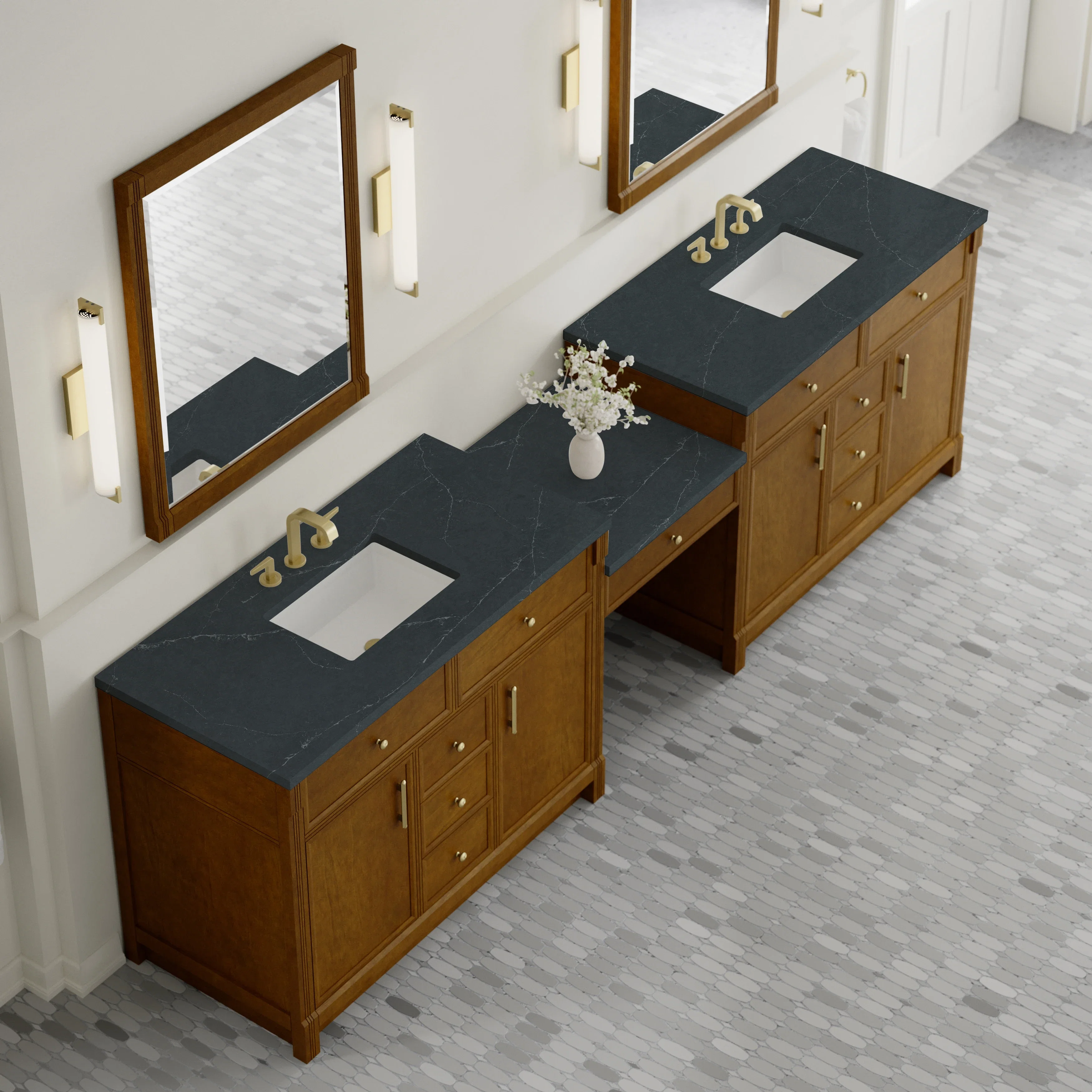 Bellshire 120" Dual Vanity Set with 24" Make-Up Counter, Honey Oak w/3 cm Charcoal Soapstone Silestone Top