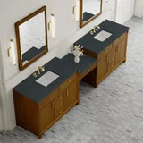 Bellshire 120" Dual Vanity Set with 24" Make-Up Counter, Honey Oak w/3 cm Charcoal Soapstone Silestone Top