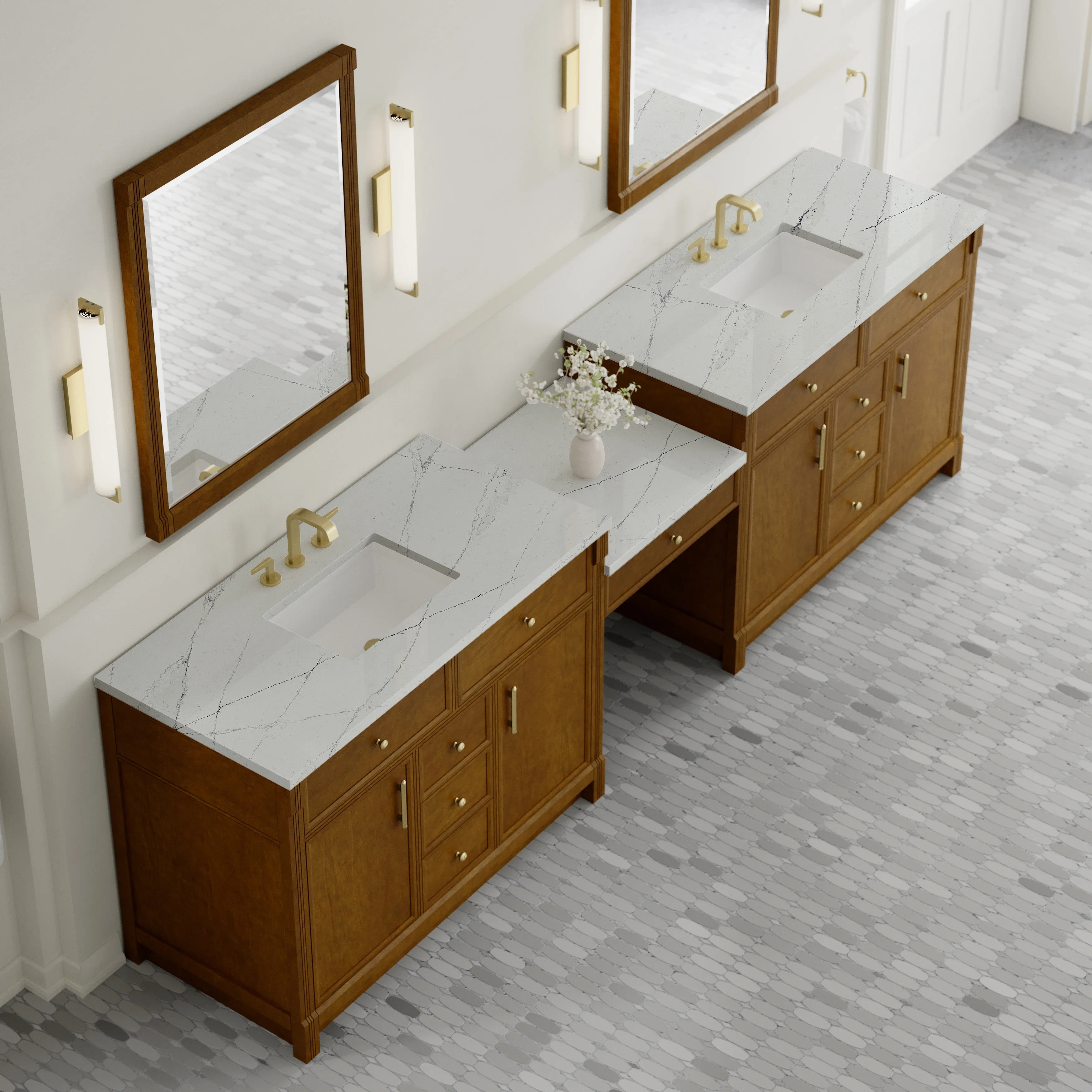 Bellshire 120" Dual Vanity Set with 24" Make-Up Counter, Honey Oak w/3 cm Ethereal Noctis Silestone Top