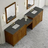 Bellshire 120" Dual Vanity Set with 24" Make-Up Counter, Honey Oak w/3 cm Parisien Bleu Silestone Top