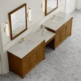 Bellshire 120" Dual Vanity Set with 24" Make-Up Counter, Honey Oak w/3 cm Siberian Silestone Top