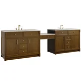 Bellshire 120" Dual Vanity Set with 24" Make-Up Counter, Honey Oak w/3 cm Siberian Silestone Top