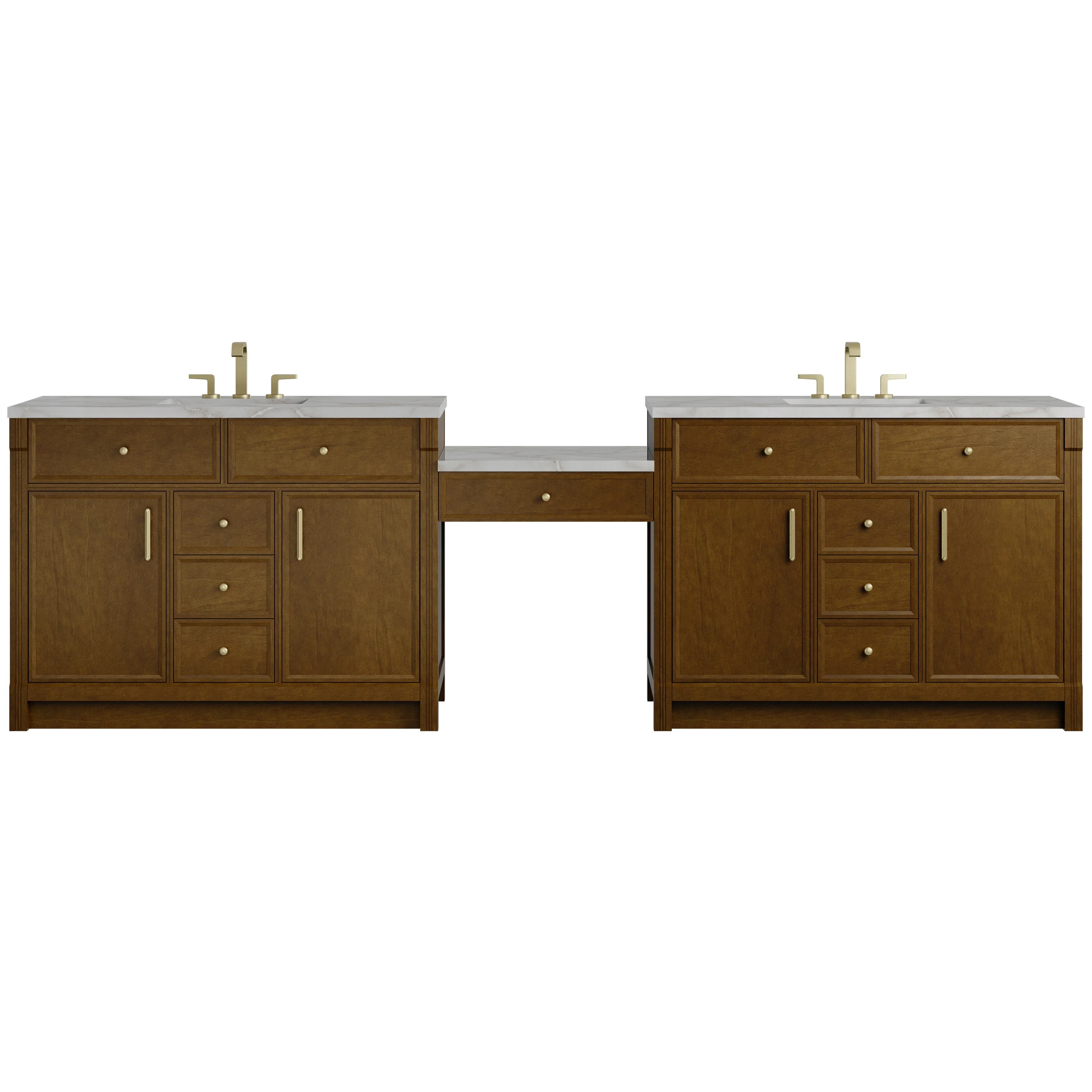 Bellshire 120" Dual Vanity Set with 24" Make-Up Counter, Honey Oak w/3 cm Victorian Silver Silestone Top