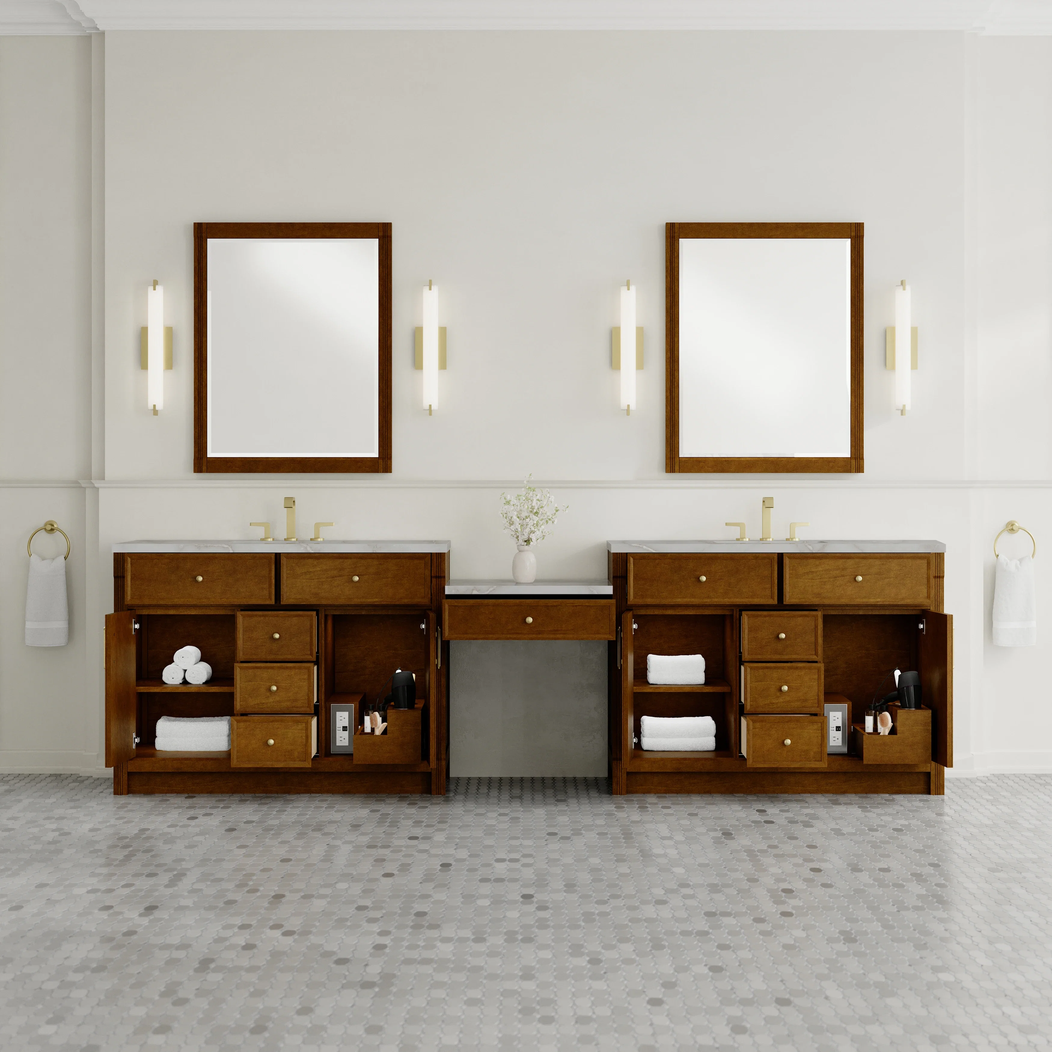 Bellshire 120" Dual Vanity Set with 24" Make-Up Counter, Honey Oak w/3 cm Victorian Silver Silestone Top