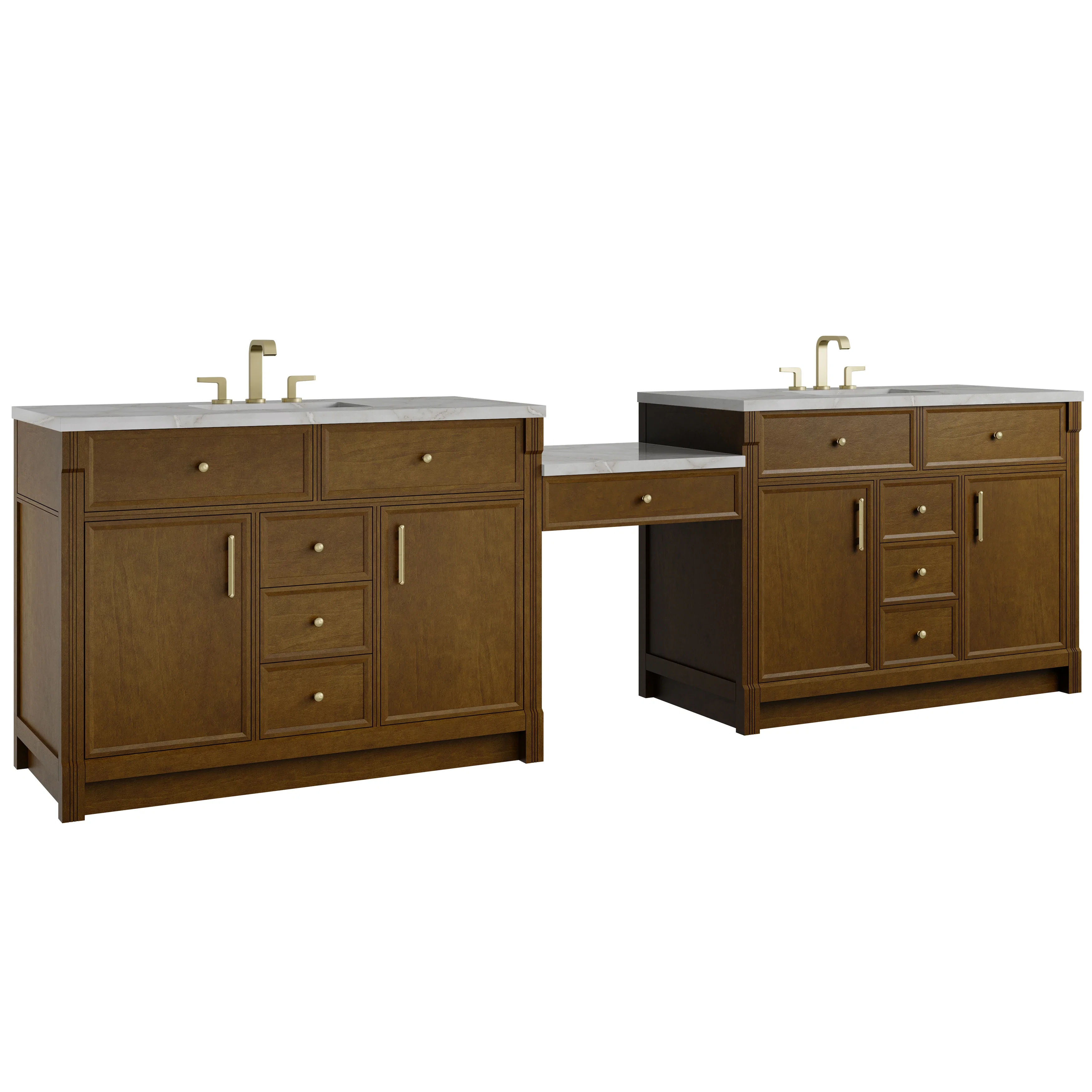 Bellshire 120" Dual Vanity Set with 24" Make-Up Counter, Honey Oak w/3 cm Victorian Silver Silestone Top