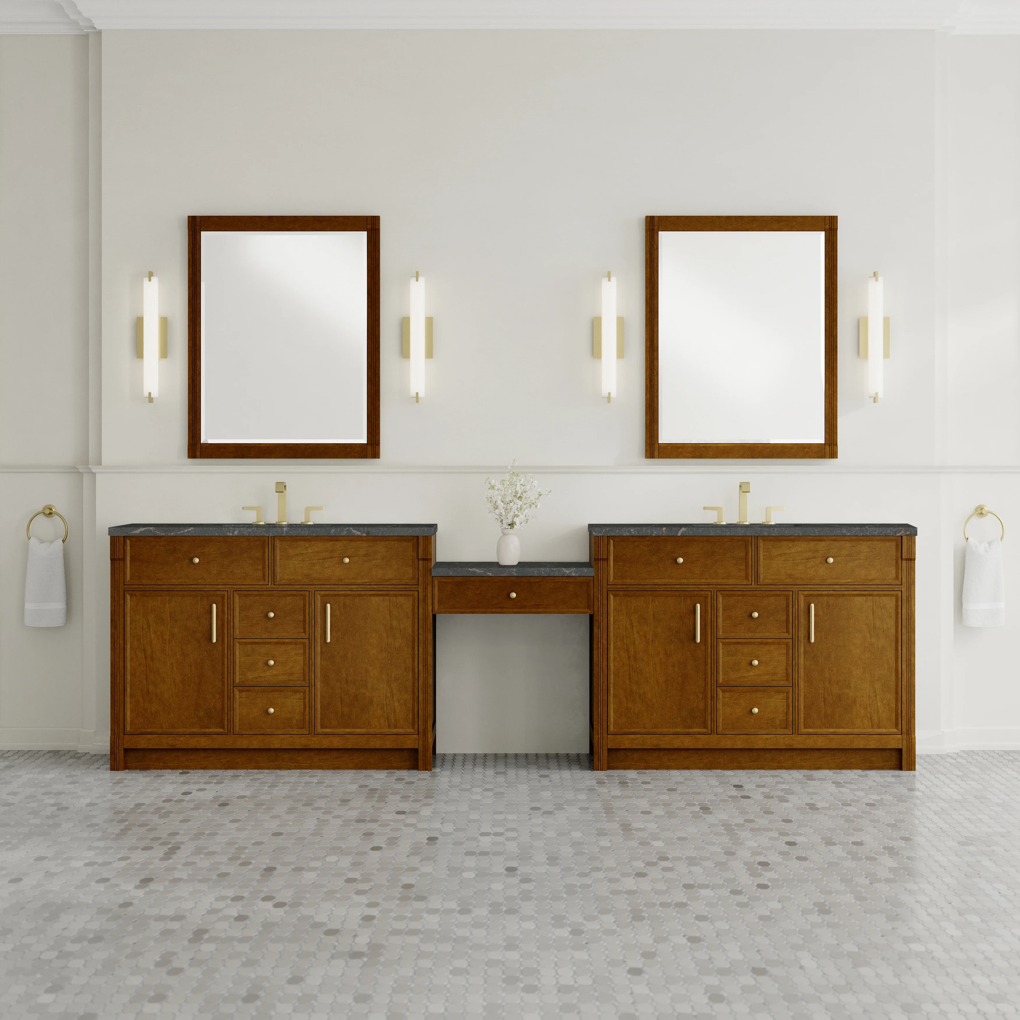 Bellshire 120" Dual Vanity Set with 24" Make-Up Counter, Honey Oak w/3 cm Parisien Bleu Silestone Top w/FreePower Wireless Charger