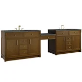 Bellshire 120" Dual Vanity Set with 24" Make-Up Counter, Honey Oak w/3 cm Parisien Bleu Silestone Top w/FreePower Wireless Charger