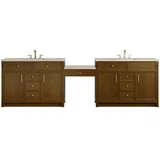 Bellshire 120" Dual Vanity Set with 24" Make-Up Counter, Honey Oak w/3 cm Tajnar Eclos Top w/FreePower Wireless Charger