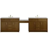 Bellshire 120" Dual Vanity Set with 24" Make-Up Counter, Honey Oak w/3 cm Victorian Silver Silestone Top w/FreePower Wireless Charger