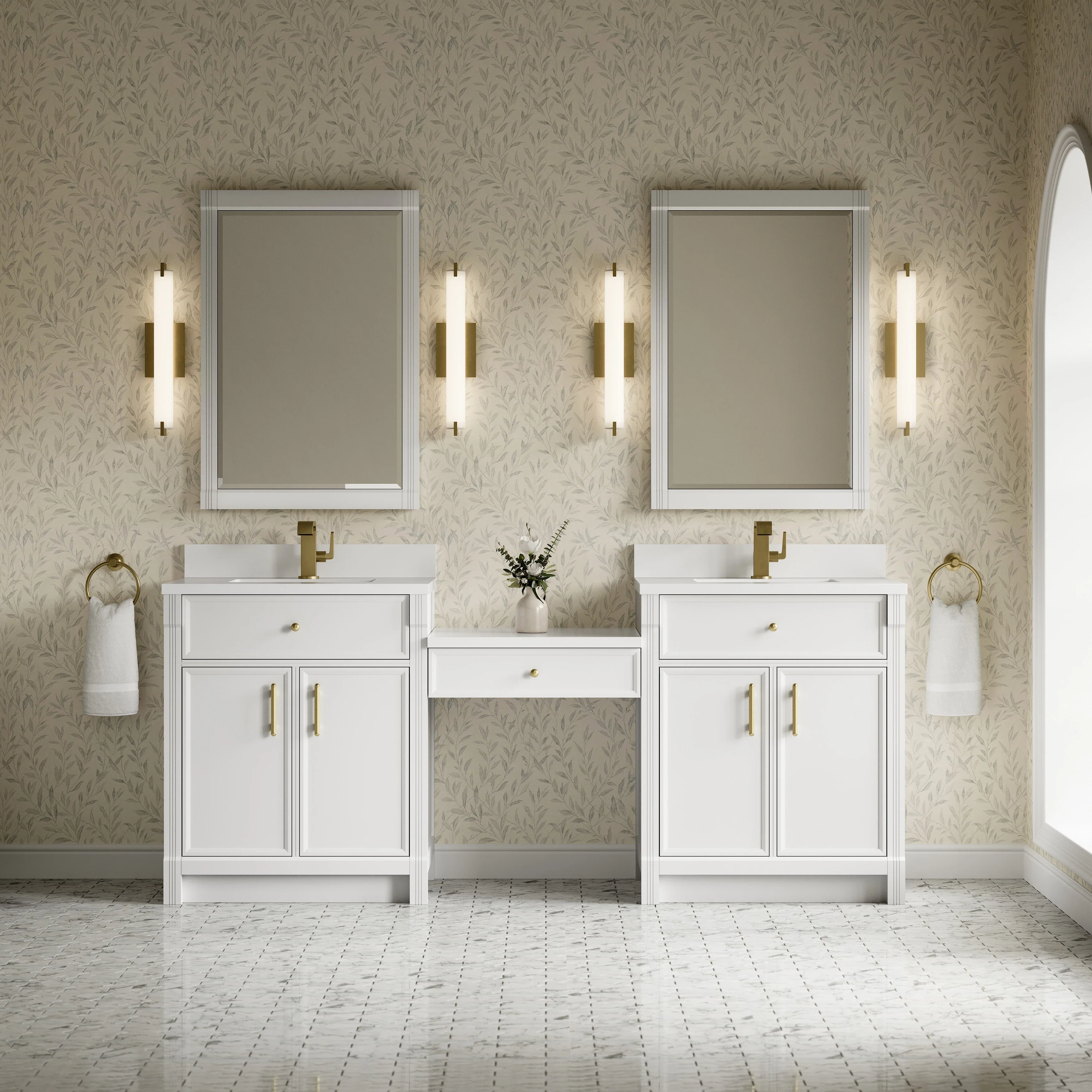 Bellshire 84" Dual Vanity Set with 24" Make-Up Counter, Bright White w/Single Hole 3 cm White Zeus Silestone Top & Backsplash
