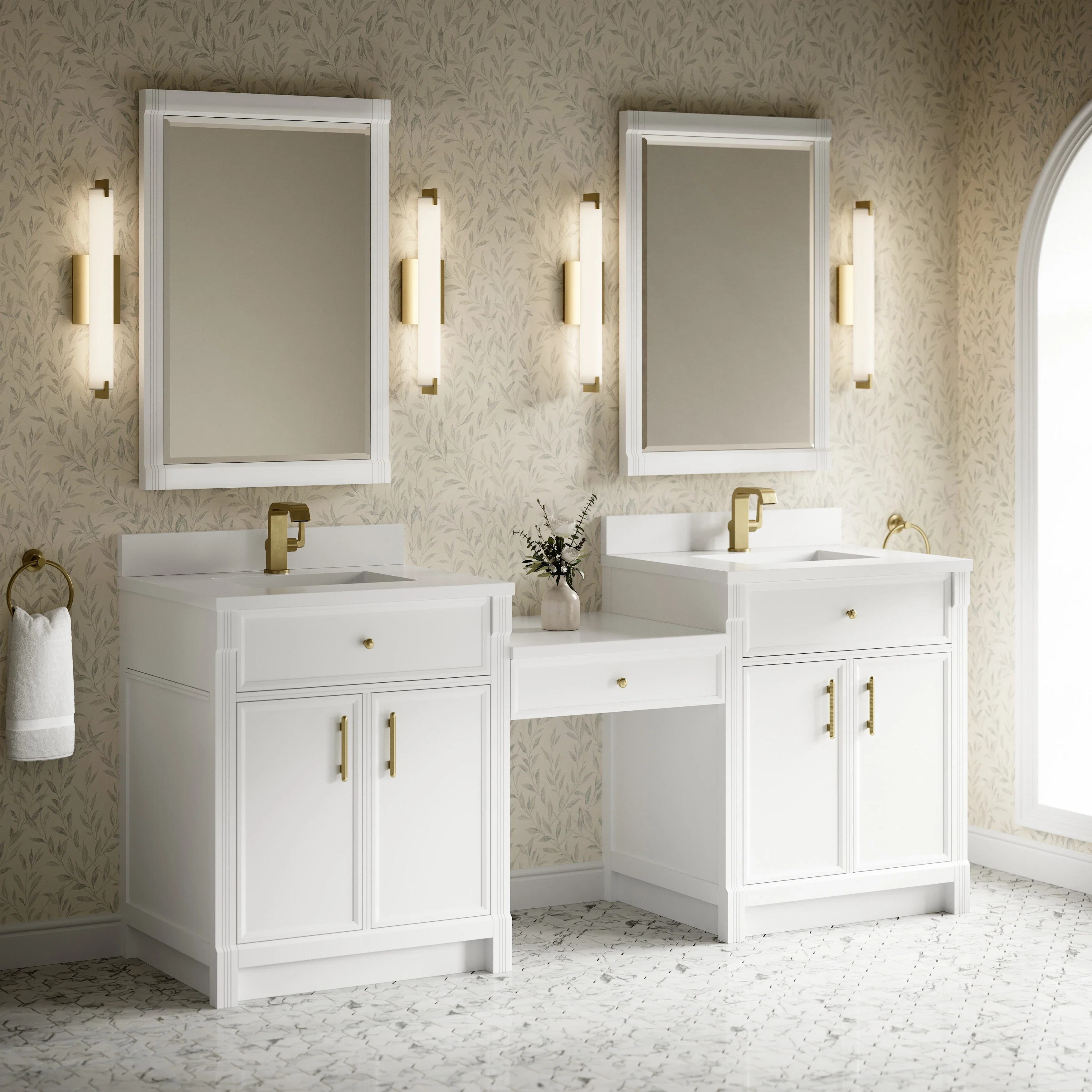 Bellshire 84" Dual Vanity Set with 24" Make-Up Counter, Bright White w/Single Hole 3 cm White Zeus Silestone Top & Backsplash