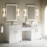 Bellshire 84" Dual Vanity Set with 24" Make-Up Counter, Bright White w/Single Hole 3 cm White Zeus Silestone Top & Backsplash