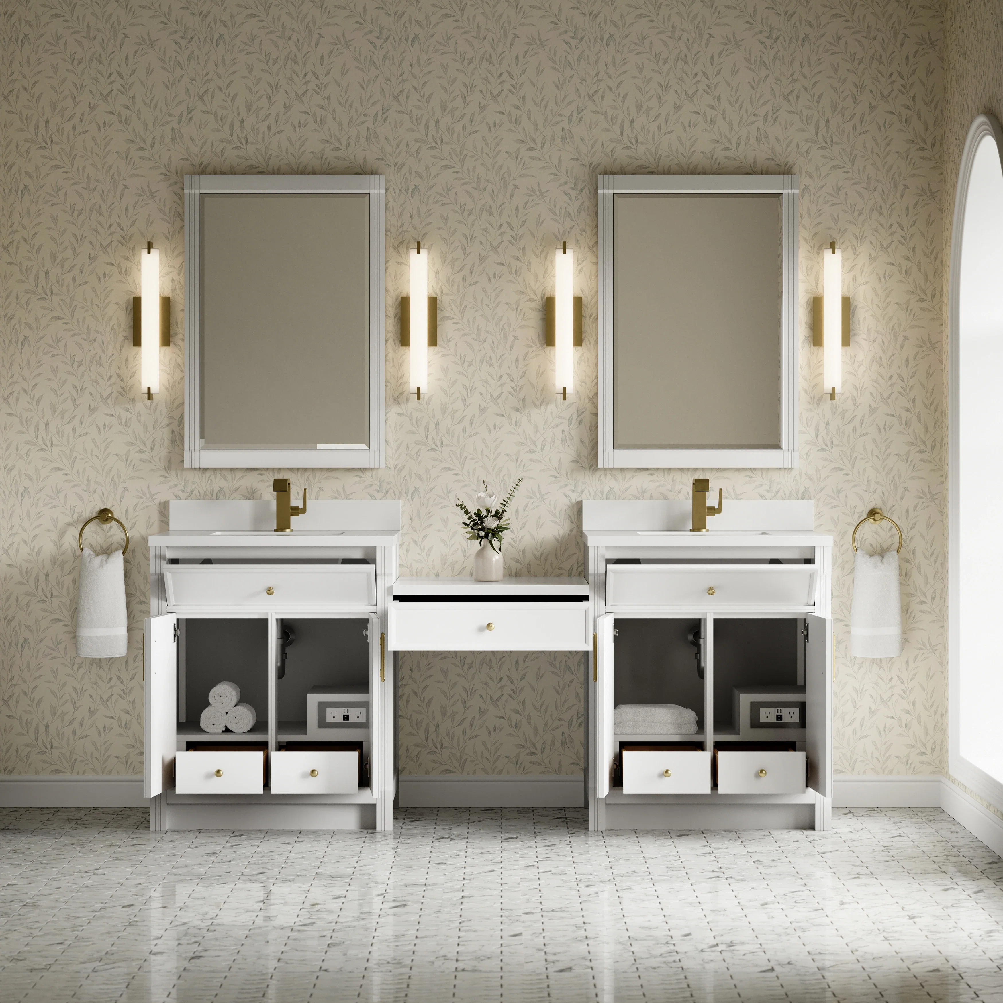 Bellshire 84" Dual Vanity Set with 24" Make-Up Counter, Bright White w/Single Hole 3 cm White Zeus Silestone Top & Backsplash