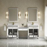 Bellshire 84" Dual Vanity Set with 24" Make-Up Counter, Bright White w/Single Hole 3 cm White Zeus Silestone Top & Backsplash