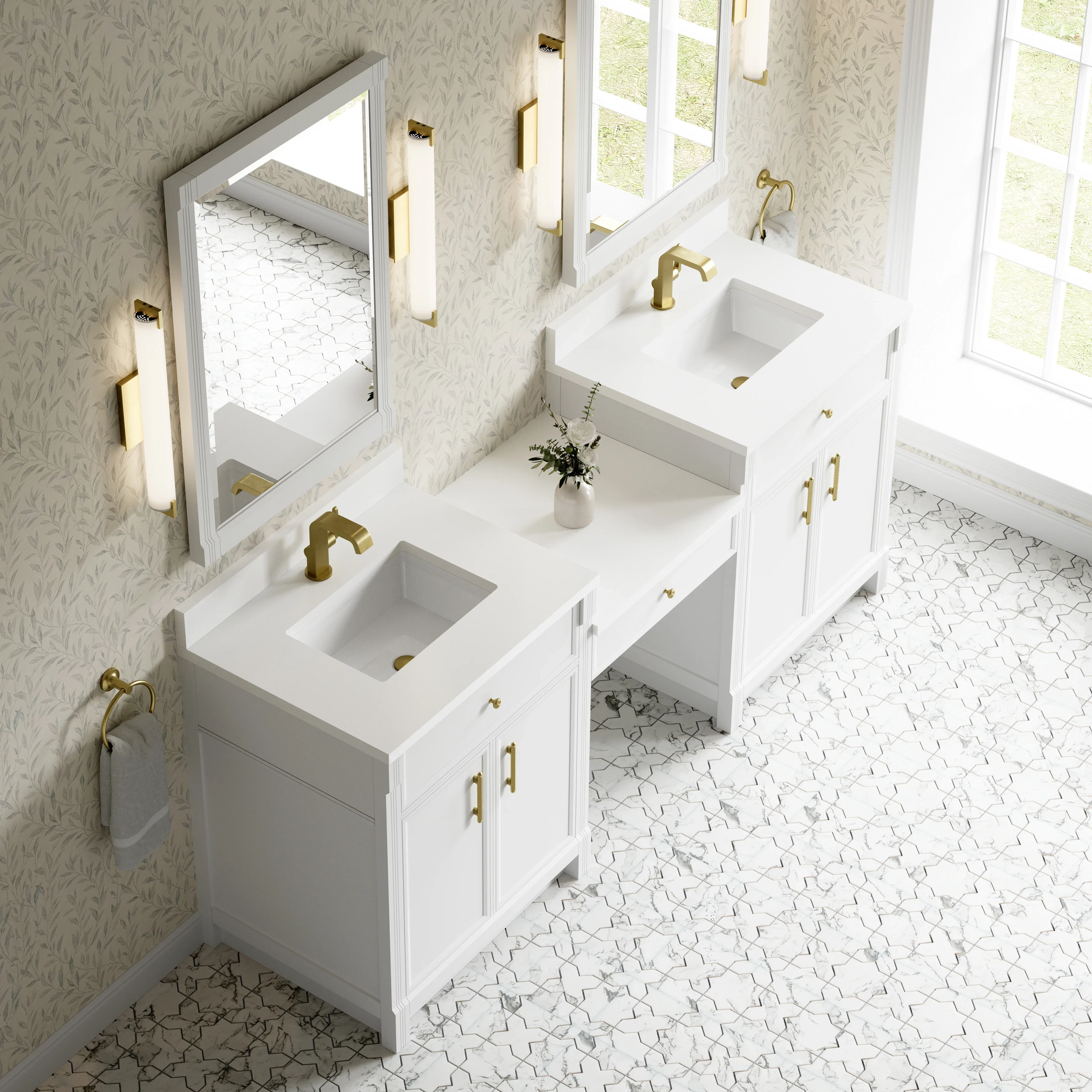 Bellshire 84" Dual Vanity Set with 24" Make-Up Counter, Bright White w/Single Hole 3 cm White Zeus Silestone Top & Backsplash