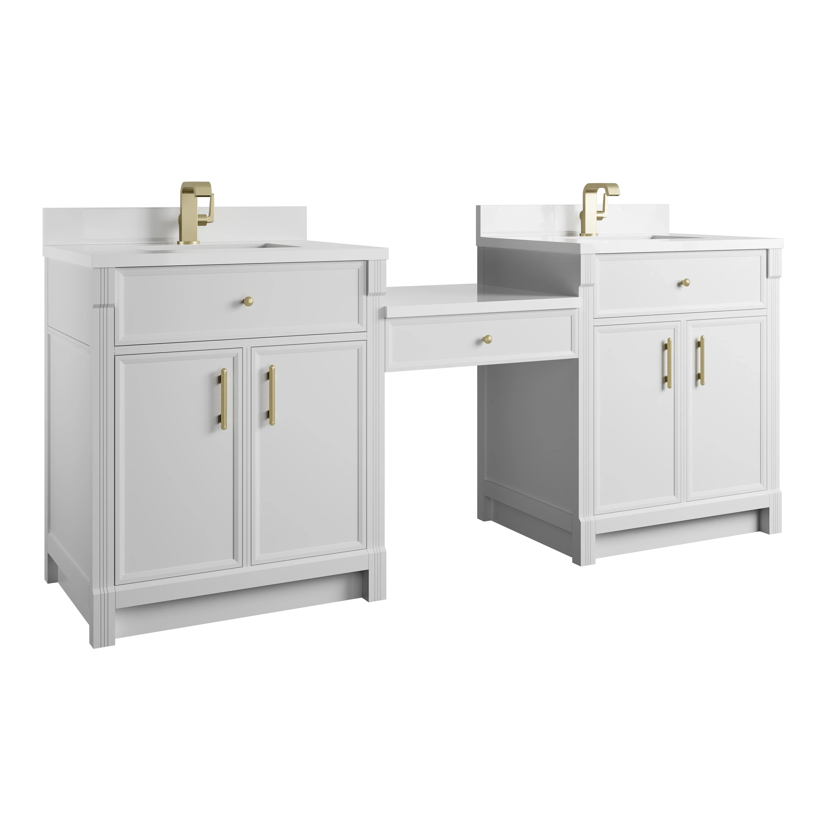 Bellshire 84" Dual Vanity Set with 24" Make-Up Counter, Bright White w/Single Hole 3 cm White Zeus Silestone Top & Backsplash