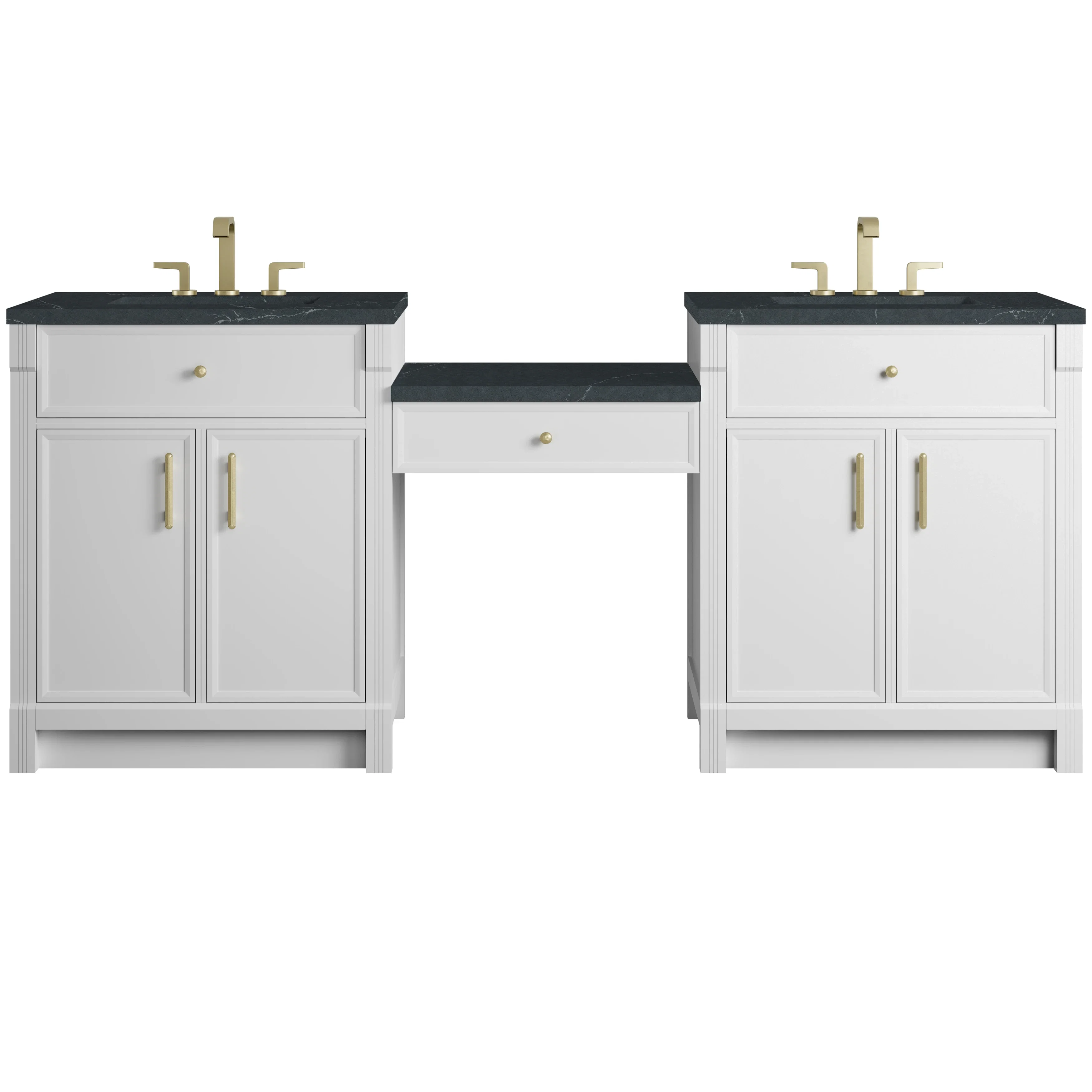 Bellshire 84" Dual Vanity Set with 24" Make-Up Counter, Bright White w/3 cm Charcoal Soapstone Silestone Top