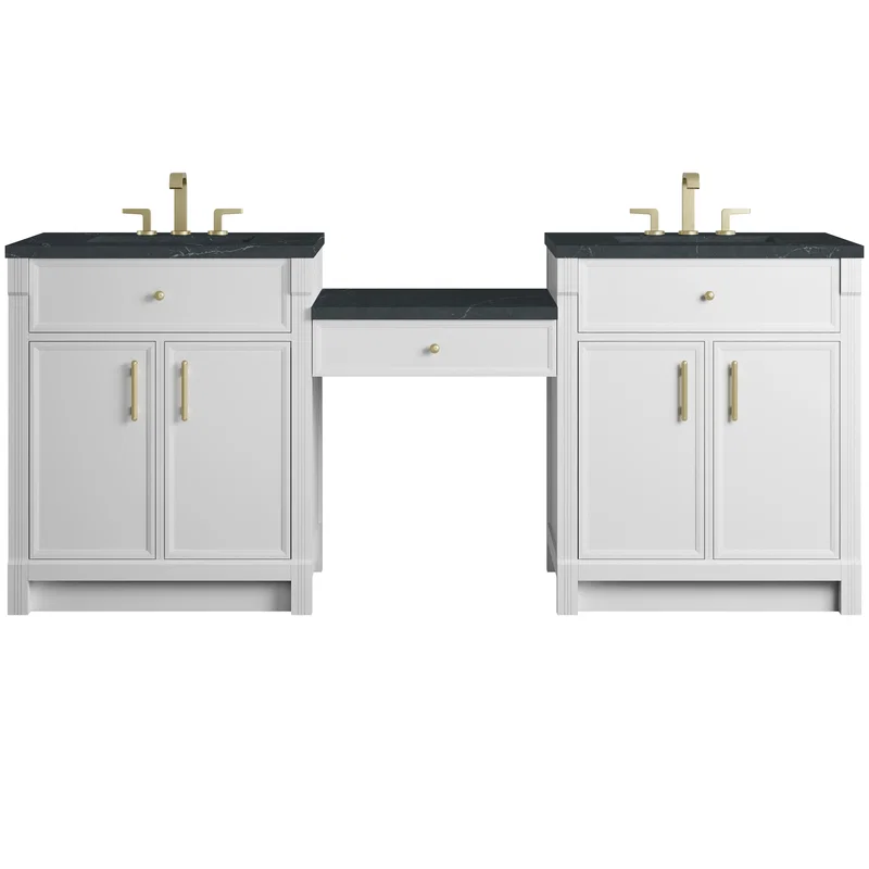 Bellshire 84" Dual Vanity Set with 24" Make-Up Counter, Bright White w/3 cm Charcoal Soapstone Silestone Top
