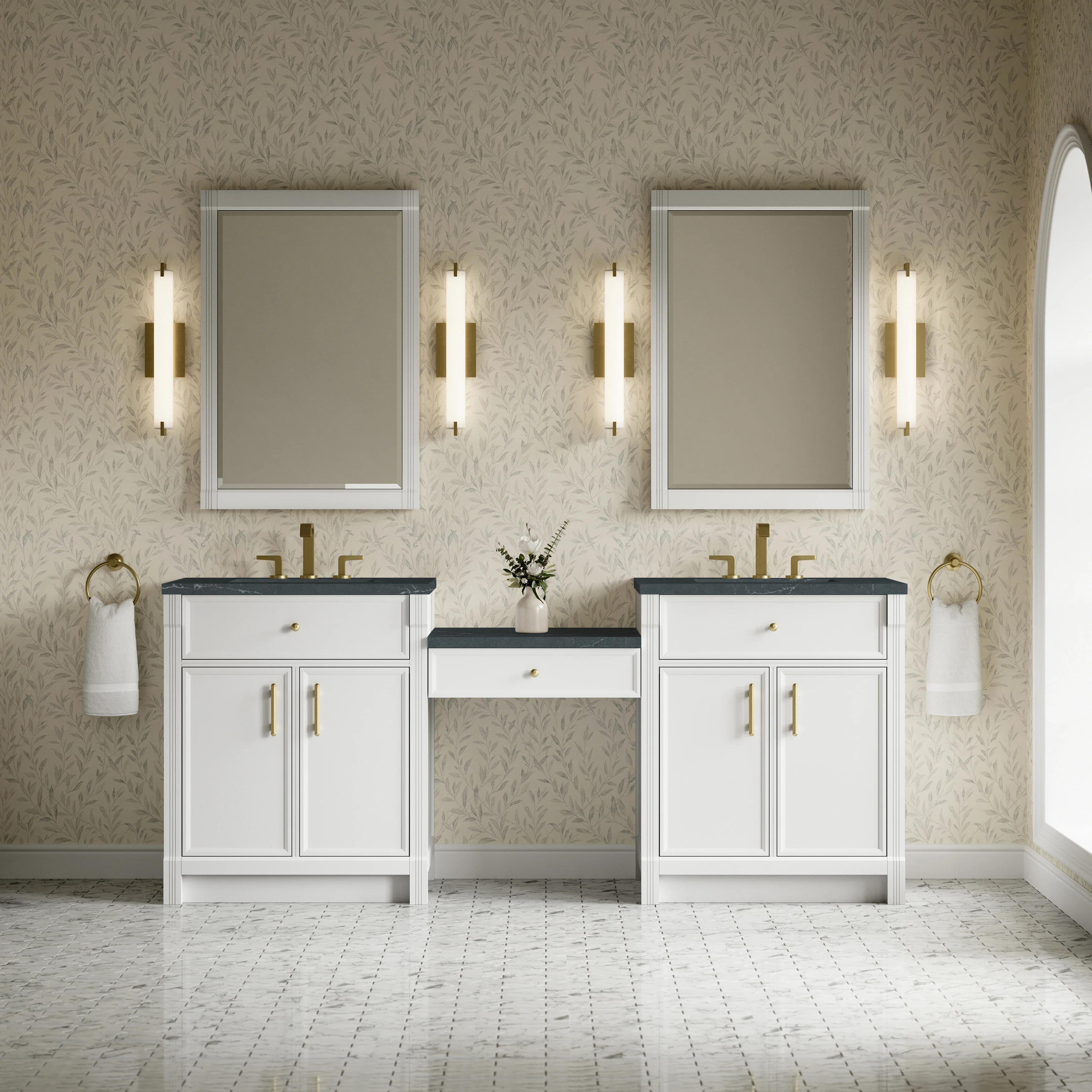 Bellshire 84" Dual Vanity Set with 24" Make-Up Counter, Bright White w/3 cm Charcoal Soapstone Silestone Top