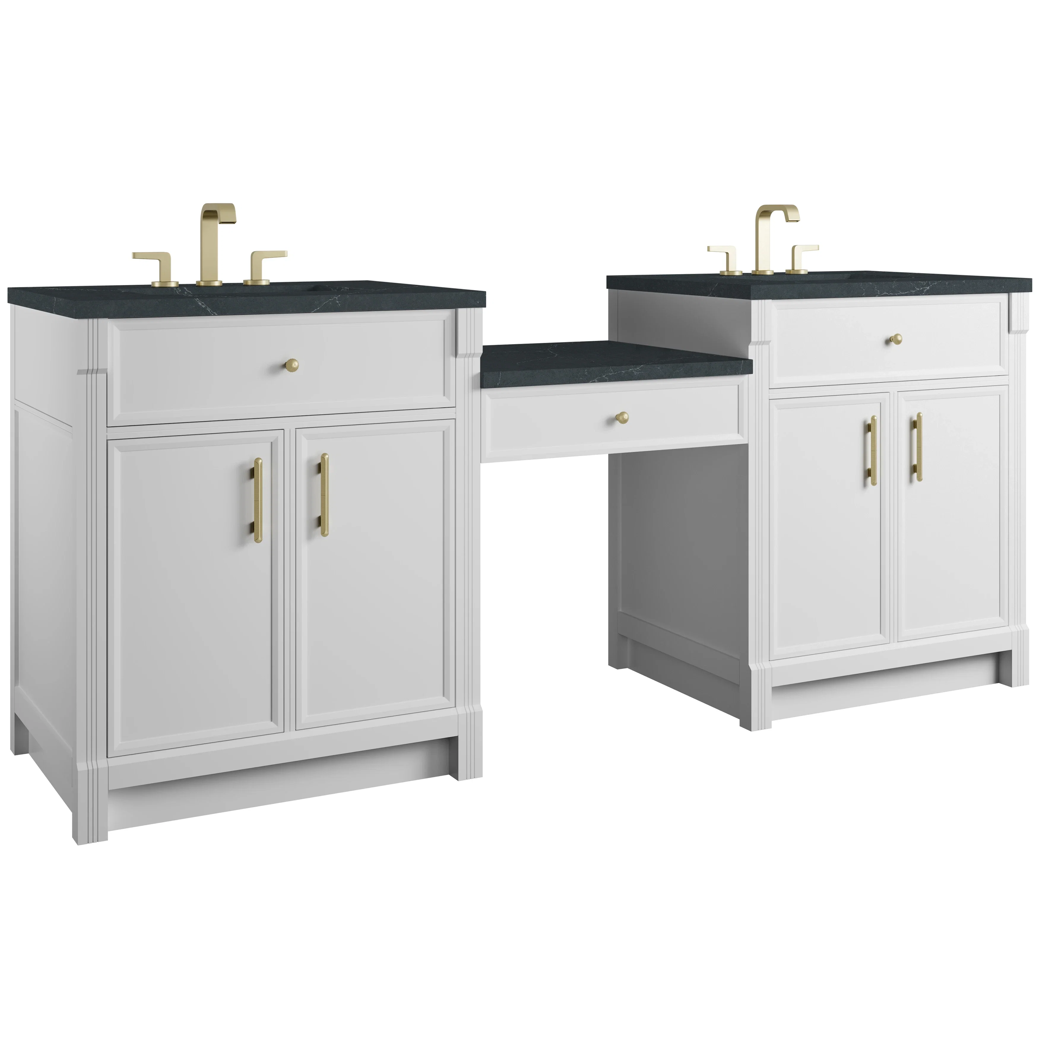 Bellshire 84" Dual Vanity Set with 24" Make-Up Counter, Bright White w/3 cm Charcoal Soapstone Silestone Top