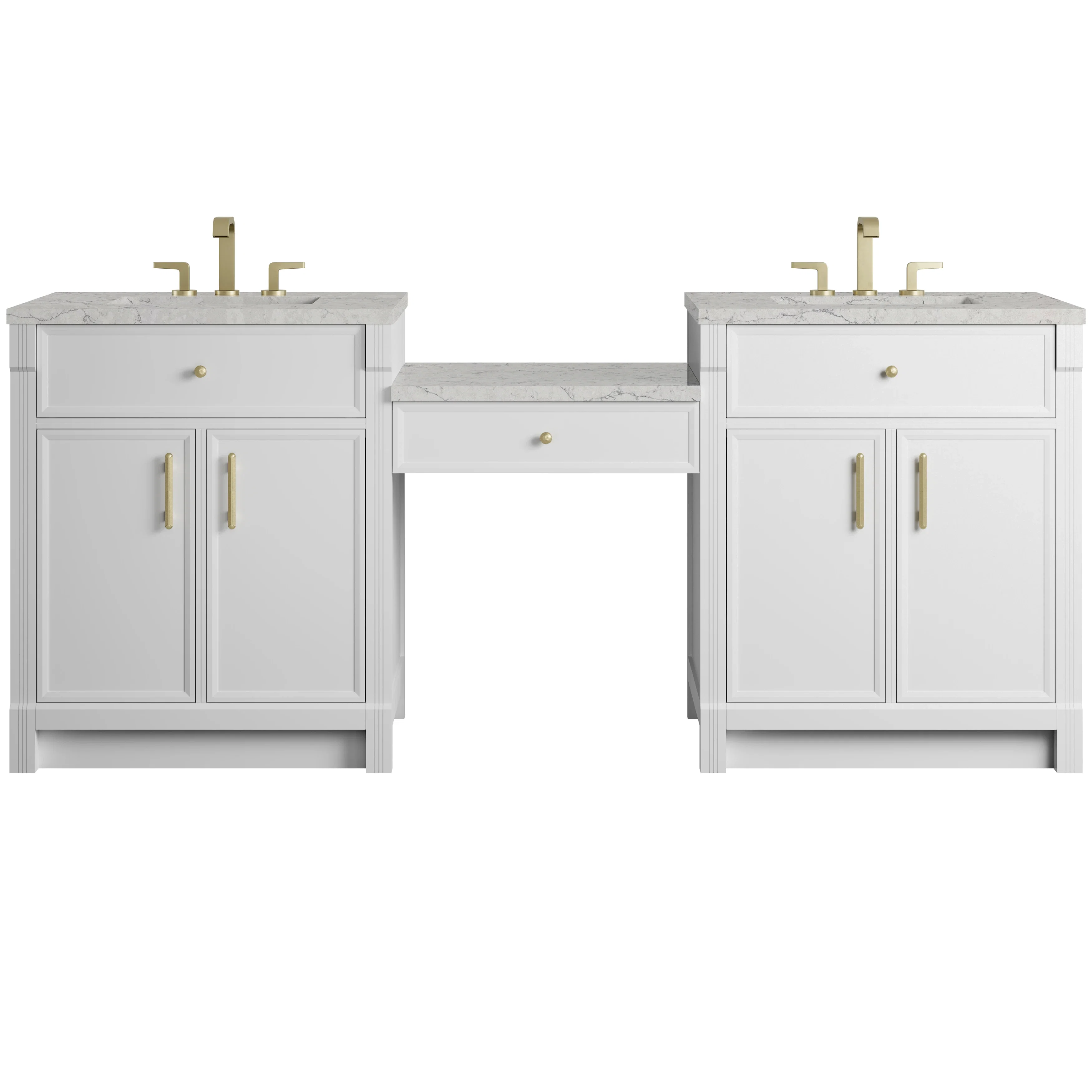 Bellshire 84" Dual Vanity Set with 24" Make-Up Counter, Bright White w/3 cm Eternal Jasmine Pearl Silestone Top