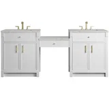 Bellshire 84" Dual Vanity Set with 24" Make-Up Counter, Bright White w/3 cm Eternal Jasmine Pearl Silestone Top