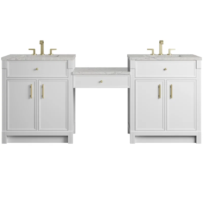 Bellshire 84" Dual Vanity Set with 24" Make-Up Counter, Bright White w/3 cm Eternal Jasmine Pearl Silestone Top