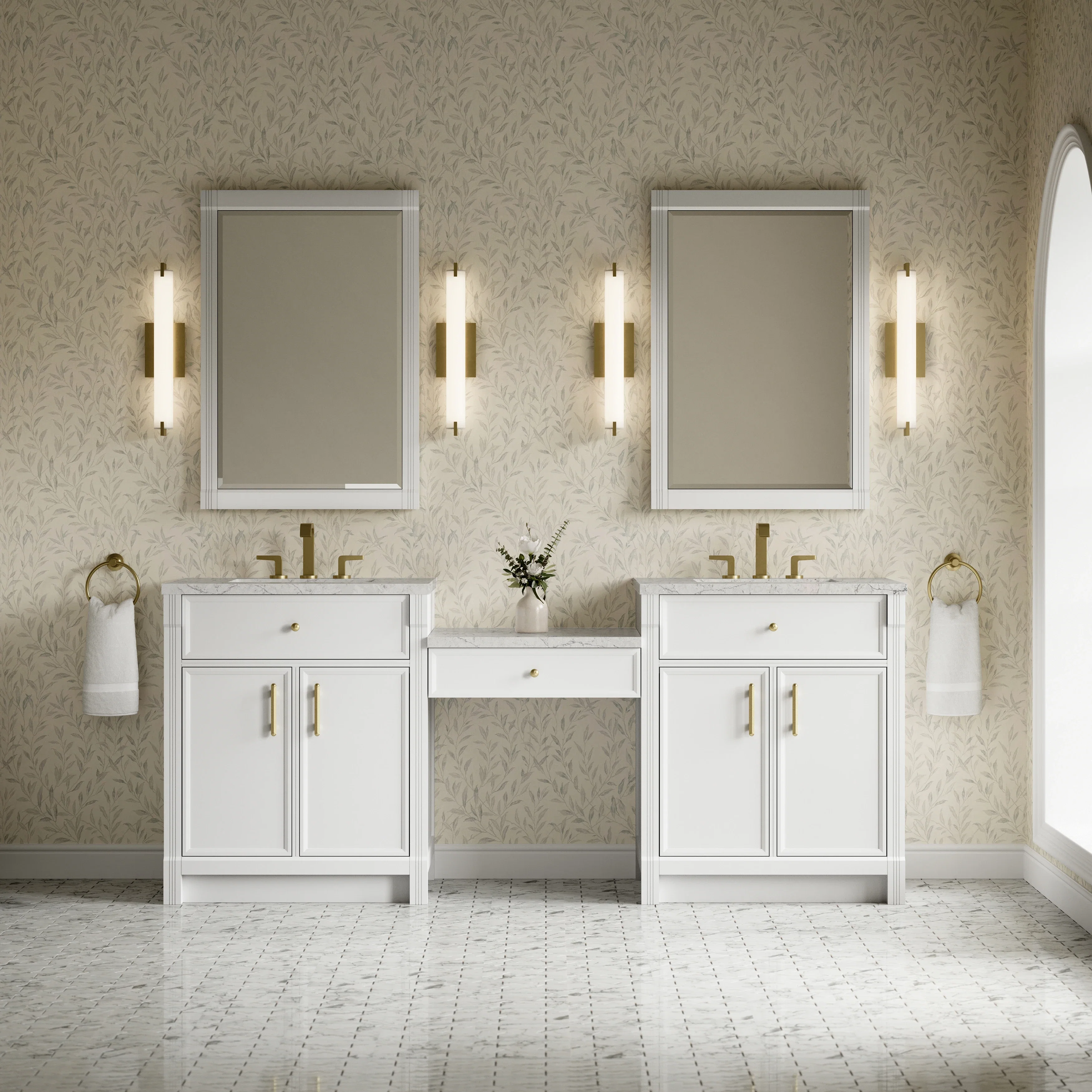 Bellshire 84" Dual Vanity Set with 24" Make-Up Counter, Bright White w/3 cm Eternal Jasmine Pearl Silestone Top