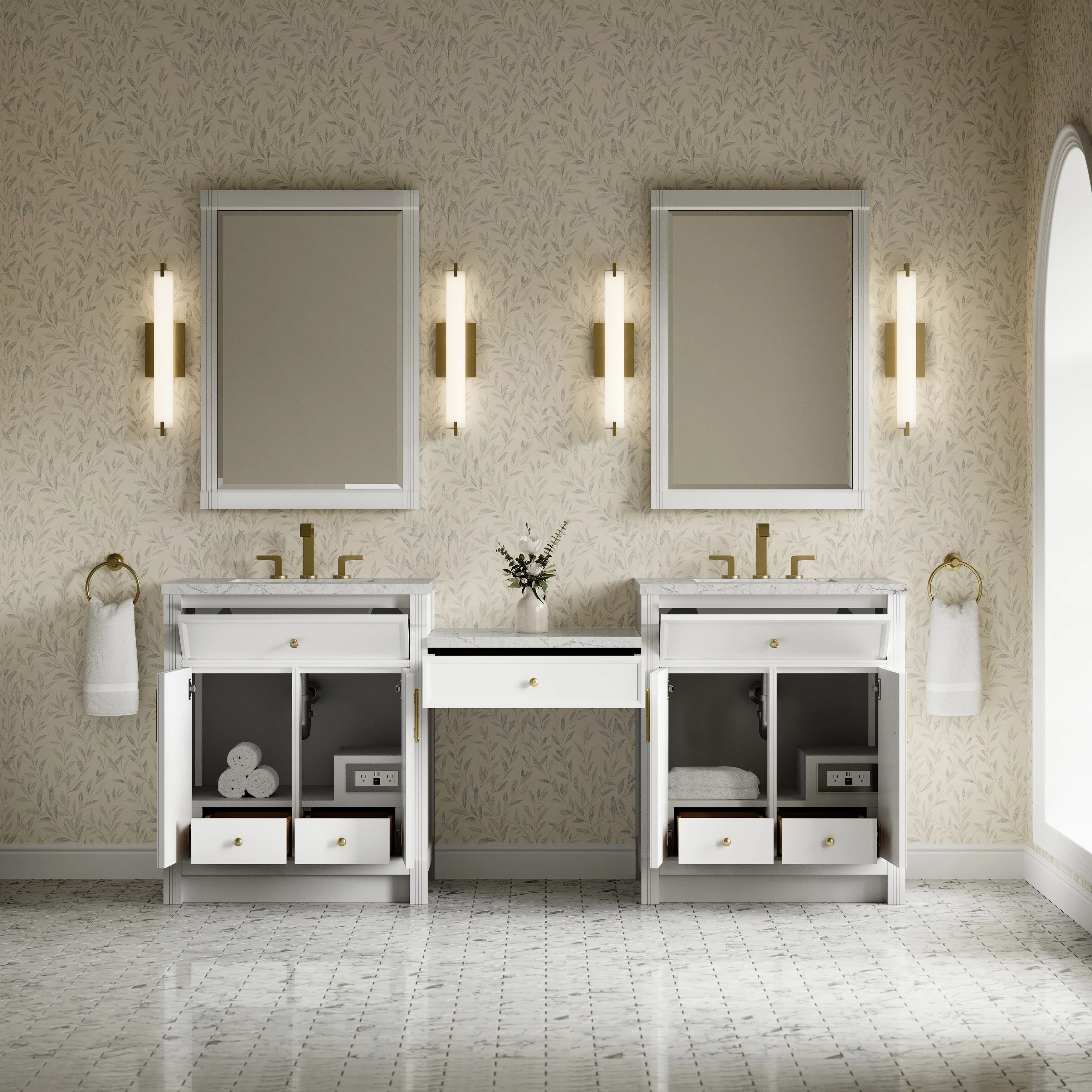Bellshire 84" Dual Vanity Set with 24" Make-Up Counter, Bright White w/3 cm Eternal Jasmine Pearl Silestone Top